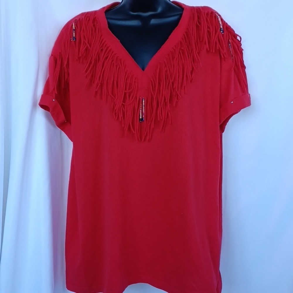 Vintage Joanie W. Western red fringe beaded tee, studded sleeve,  shoulder pads